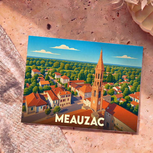 Carte postale souvenir de la ville de Meauzac avec une illustration stylisée vue du ciel.