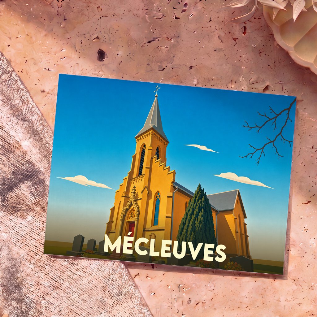 Carte postale souvenir de la ville de Mécleuves illustrant son église avec un style graphique épuré.
