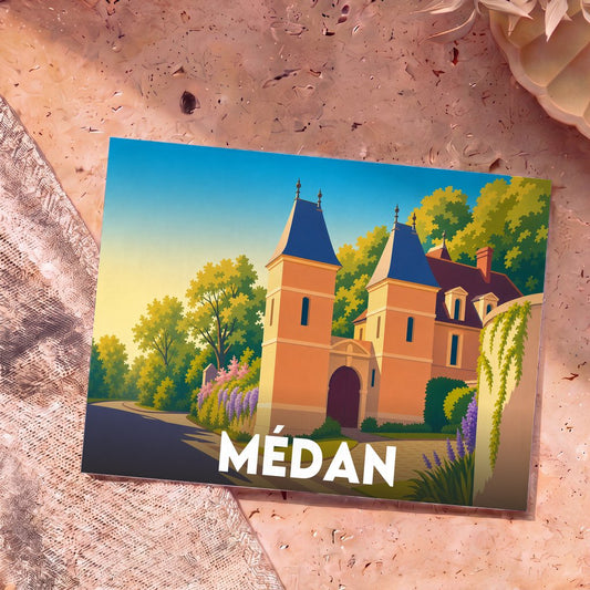 Carte postale souvenir de la ville de Médan avec une illustration stylisée de sa maison historique.