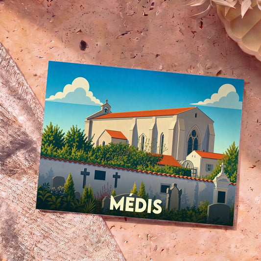 Carte postale souvenir de la ville de Médis avec une illustration stylisée de son église et de son cimetière.