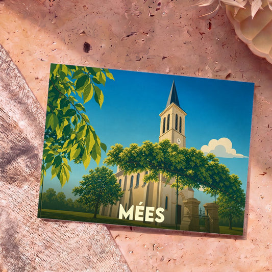 Carte postale souvenir de la ville de Mées illustrant son église dans un style graphique épuré.