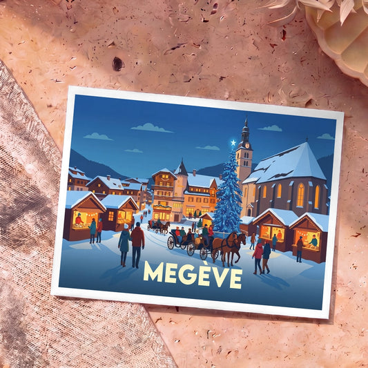 Carte postale souvenir de la ville de Megève représentant une illustration stylisée d'un marché de Noël enneigé.