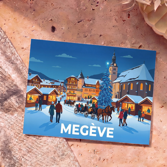 Carte postale souvenir de la ville de Megève représentant une illustration stylisée d'un marché de Noël enneigé.