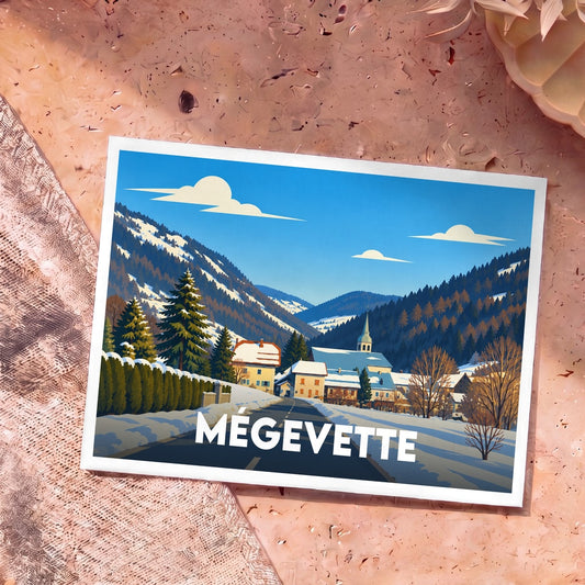 Carte postale souvenir de la ville de Mégevette avec une illustration stylisée d'un village de montagne enneigé.