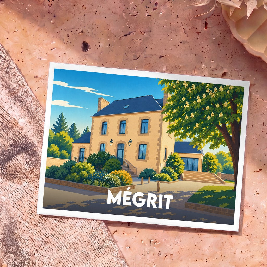 Carte postale souvenir de la ville de Mégrit illustrant une grande demeure en pierre dans un style graphique épuré.