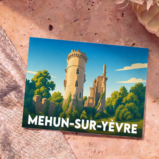Carte postale souvenir de la ville de Mehun-sur-Yèvre illustrant les ruines de son château médiéval dans un style graphique épuré.