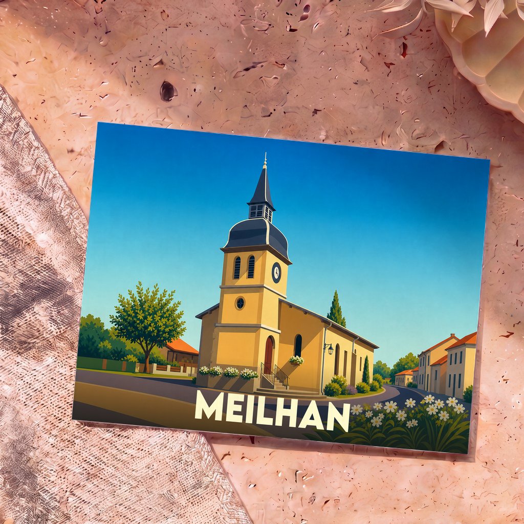 Carte postale souvenir de la ville de Meilhan illustrant son église avec un style graphique épuré.