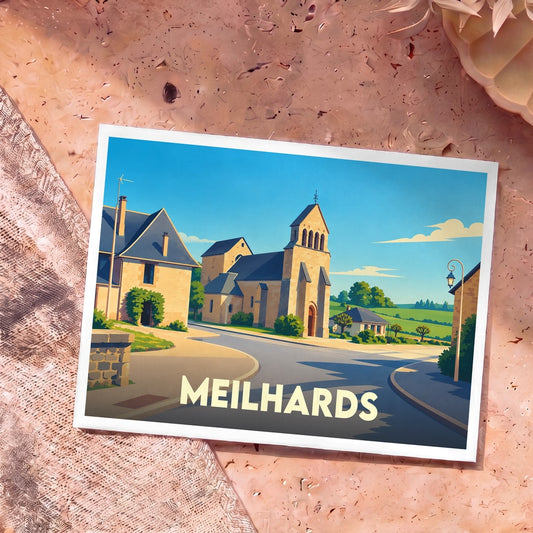 Carte postale souvenir de la ville de Meilhards avec une illustration stylisée.