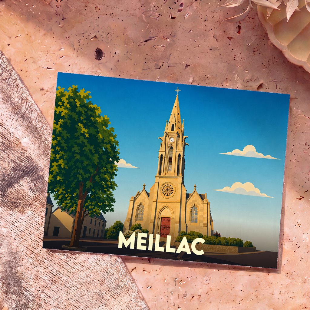 Carte postale souvenir de la ville de Meillac illustrant son église avec un graphisme épuré et coloré.