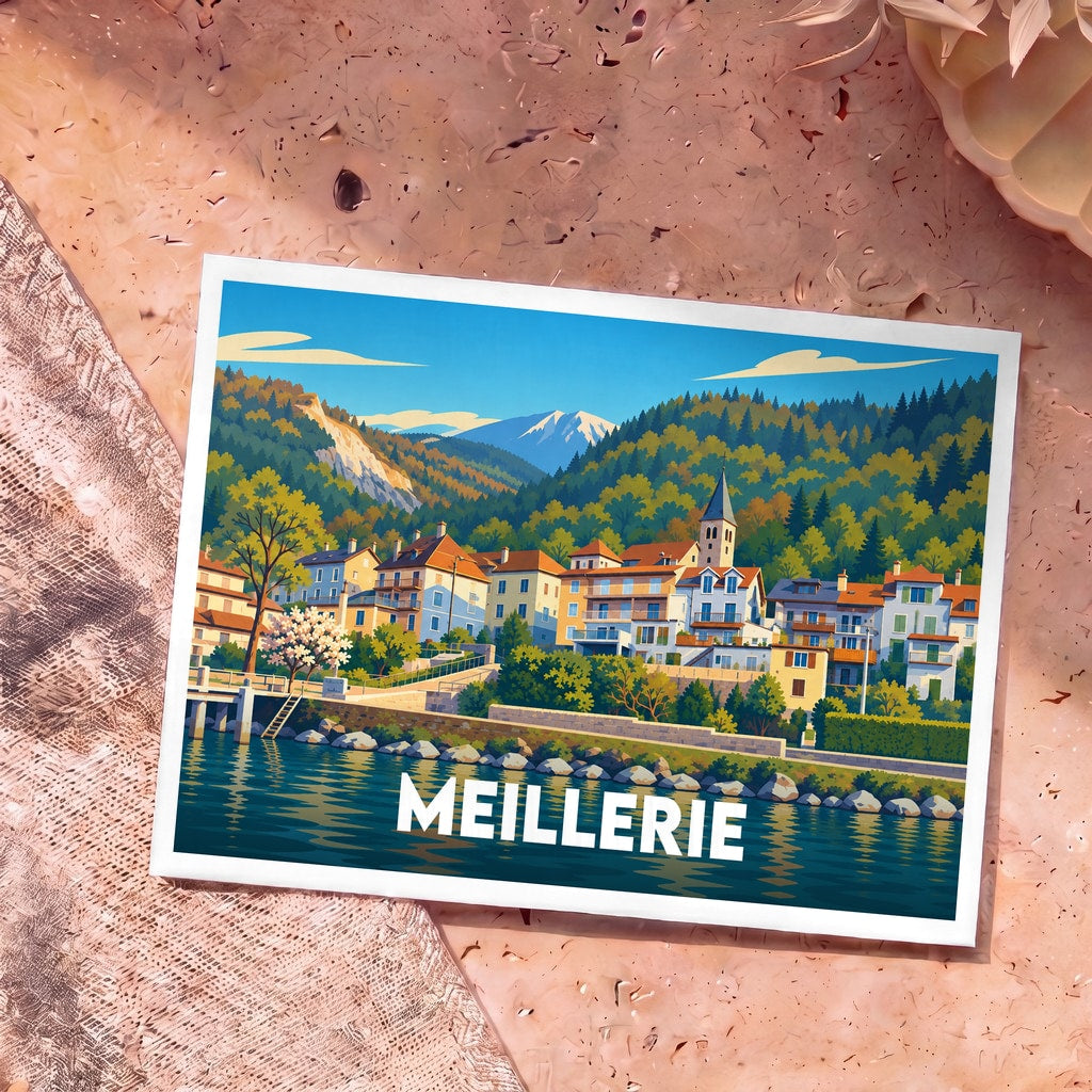 Carte postale souvenir de la ville de Meillerie illustrant son front de lac et ses montagnes.