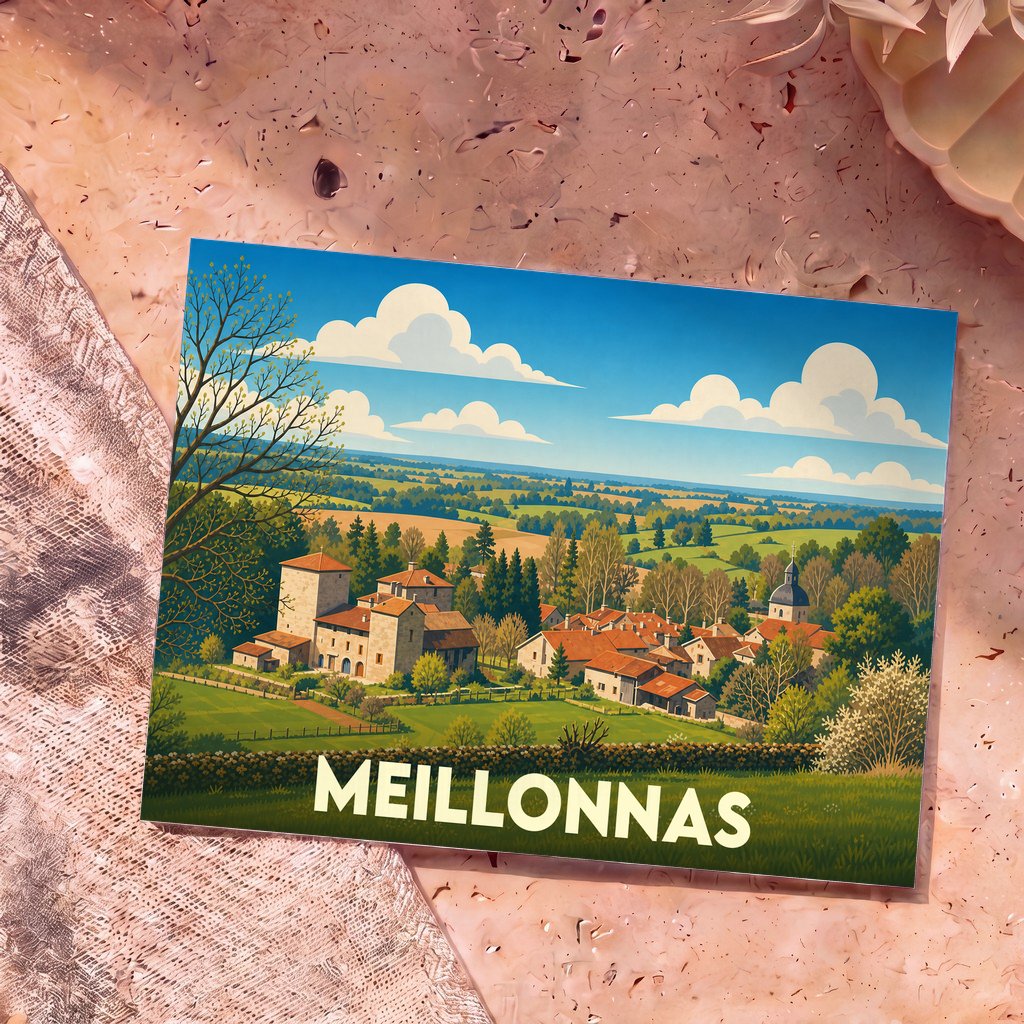 Carte postale souvenir de la ville de Meillonnas avec une illustration stylisée de son paysage rural.