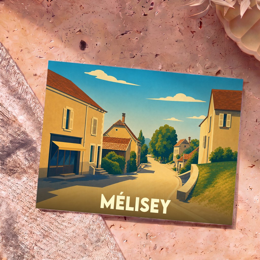 Carte postale souvenir de la ville de Mélisey avec une illustration stylisée.