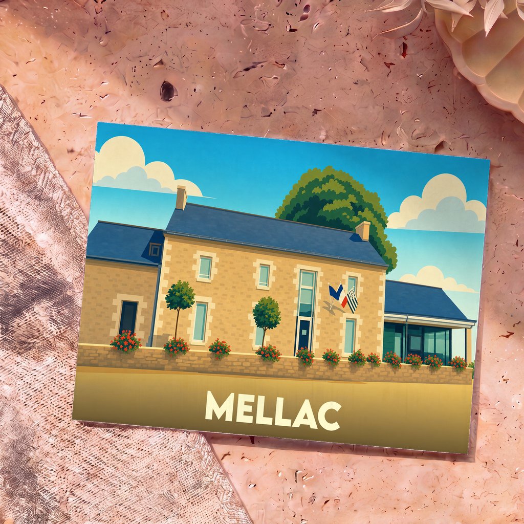 Carte postale souvenir de la ville de Mellac avec une illustration stylisée de sa mairie.