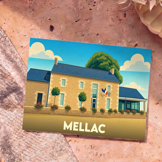 Carte postale souvenir de la ville de Mellac avec une illustration stylisée de la mairie.
