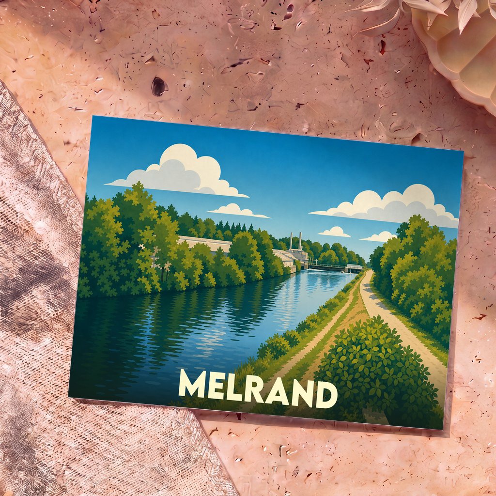 Carte postale souvenir de la ville de Melrand illustrant un canal paisible bordé de verdure dans un style graphique épuré.