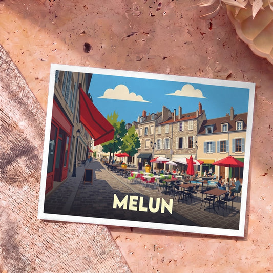Carte postale souvenir de la ville de Melun avec une illustration stylisée d'une place animée et ses terrasses de café.