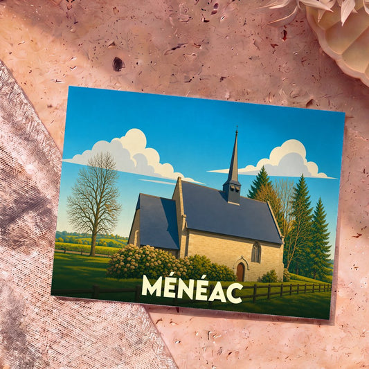 Carte postale souvenir de la ville de Ménéac illustrant une église de campagne dans un style épuré et coloré.
