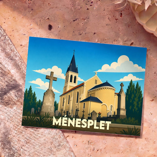 Carte postale souvenir de la ville de Ménesplet avec une illustration stylisée de son église et de son cimetière.