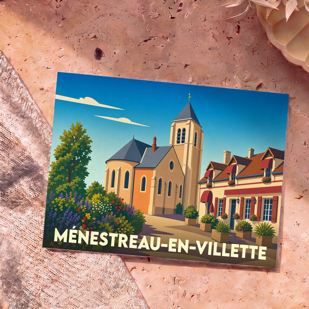 Carte postale souvenir de la ville de Ménestreau-en-Villette avec une illustration stylisée de son église et de ses maisons fleuries.