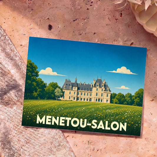Carte postale souvenir de la ville de Menetou-Salon avec une illustration stylisée d'un château entouré de verdure.