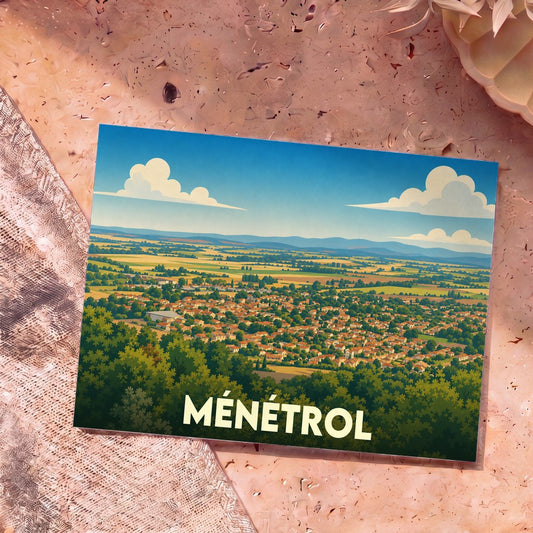 Carte postale souvenir de la ville de Ménétrol avec une illustration panoramique stylisée.