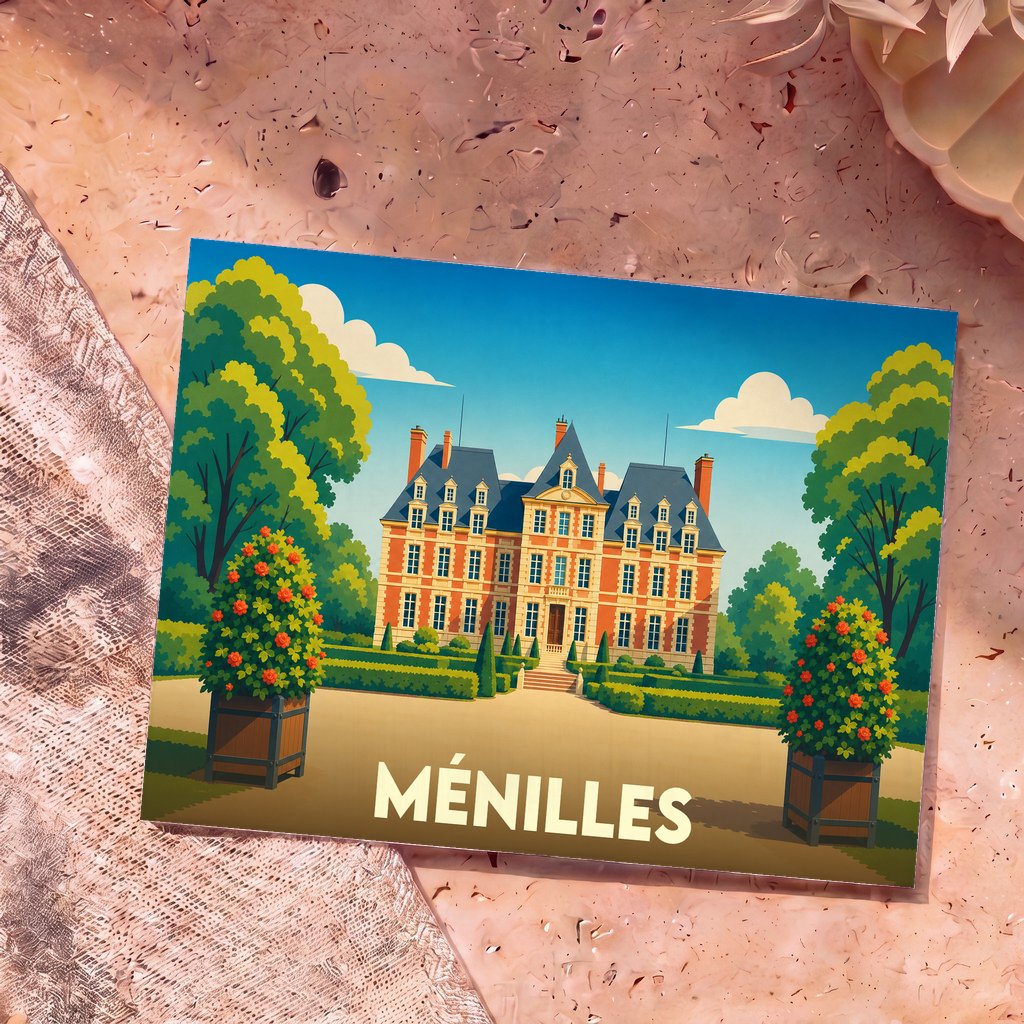 Carte postale souvenir de la ville de Ménilles illustrant un château entouré de jardins à la française.