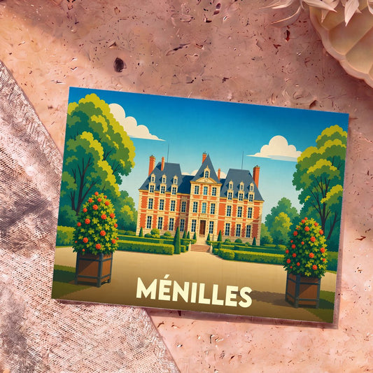 Carte postale souvenir de la ville de Ménilles illustrant un château entouré de jardins à la française.