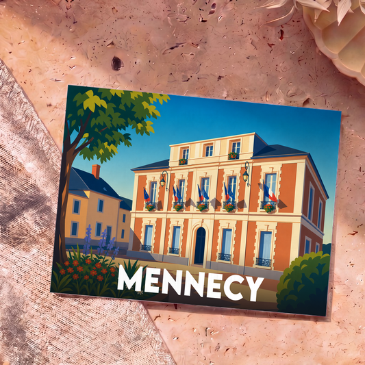 Carte postale souvenir de la ville de Mennecy illustrant son hôtel de ville dans un style graphique épuré.