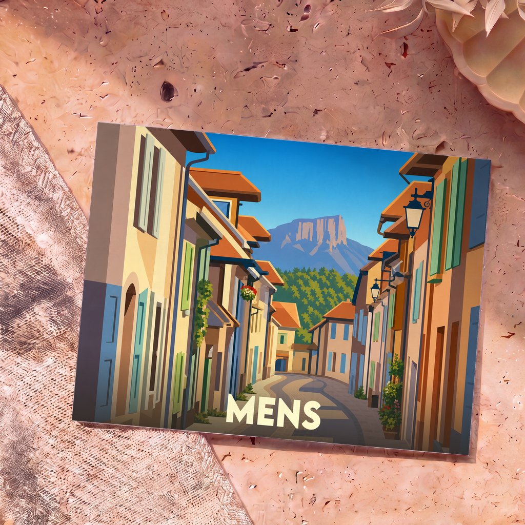Carte postale souvenir de la ville de Mens avec une illustration stylisée d'une rue pittoresque face au Mont Aiguille.