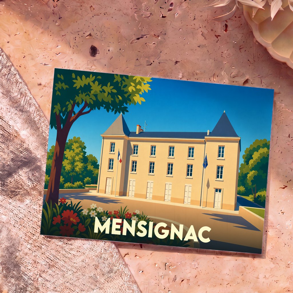 Carte postale souvenir de la ville de Mensignac avec une illustration stylisée de sa mairie.