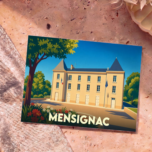 Carte postale souvenir de la ville de Mensignac avec une illustration stylisée de sa mairie.
