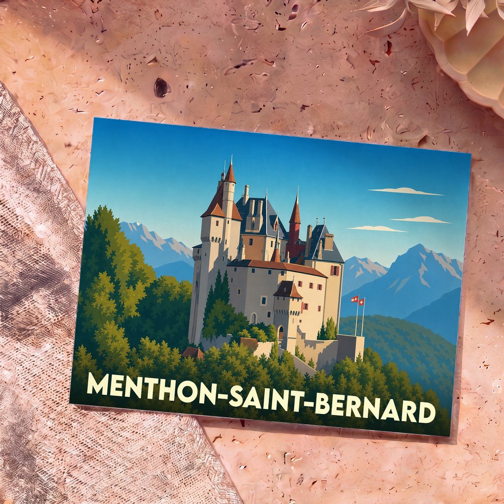 Carte postale souvenir de la ville de Menthon-Saint-Bernard illustrant son château avec un style graphique épuré.