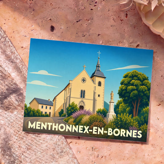 Carte postale souvenir de Menthonnex-en-Bornes avec une illustration stylisée de son église et d'un monument.