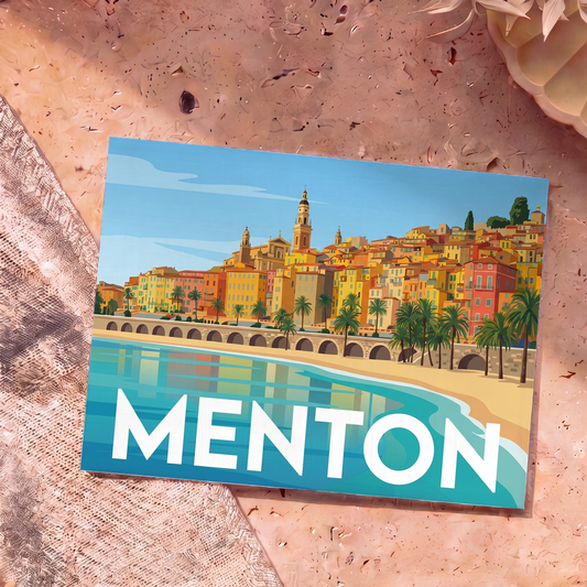 Carte postale souvenir de la ville de Menton avec une illustration colorée et stylisée de son front de mer.
