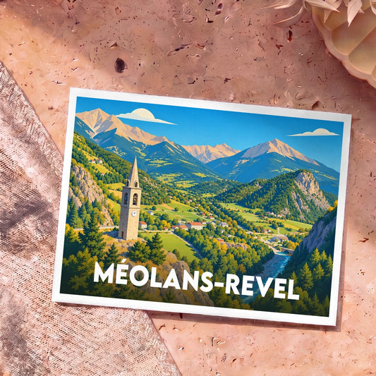 Carte postale souvenir de la ville de Méolans-Revel avec une illustration stylisée de son clocher et des montagnes environnantes.