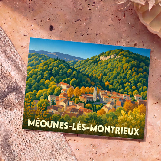 Carte postale souvenir de la ville de Méounes-lès-Montrieux avec une illustration stylisée et colorée de son village provençal niché dans une vallée boisée.