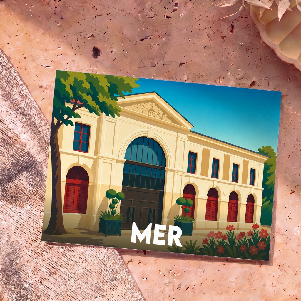 Carte postale souvenir de la ville de Mer avec une illustration stylisée de sa halle aux grains.