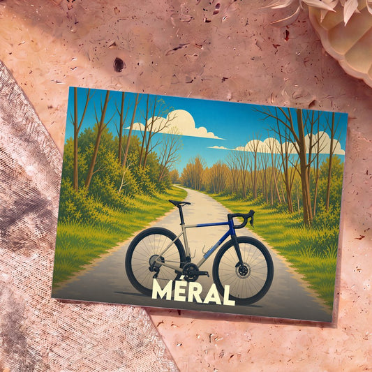 Carte postale souvenir de la ville de Méral illustrée d'un vélo sur un chemin de campagne boisé.