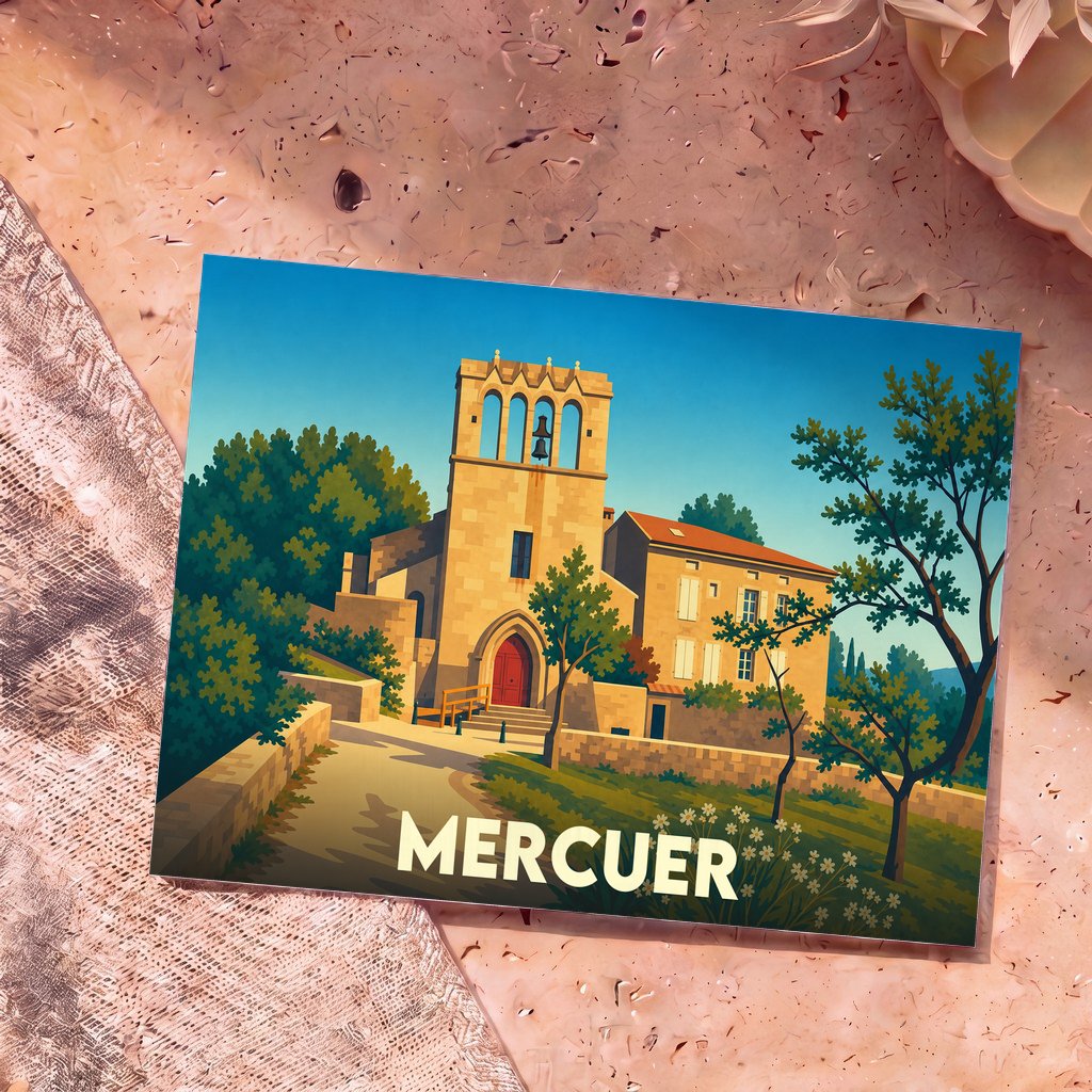 Carte postale souvenir de la ville de Mercuer avec une illustration stylisée de son église et de ses paysages.