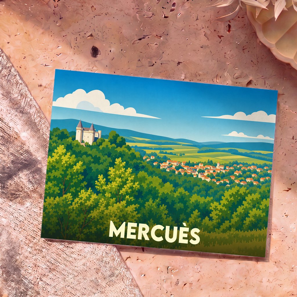 Carte postale souvenir de la ville de Mercuès arborant une illustration stylisée de son château et de son paysage.