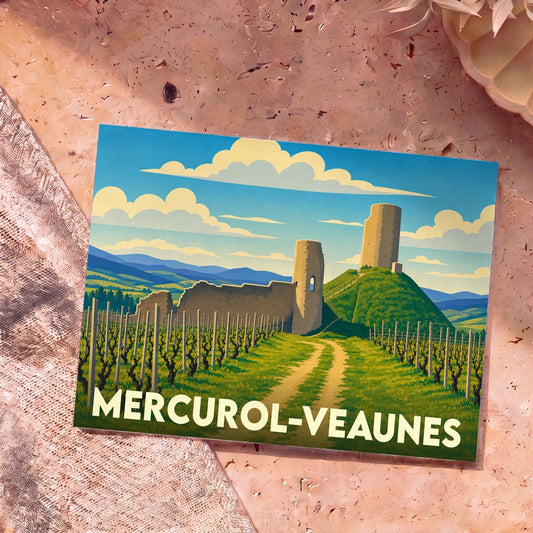 Carte postale souvenir de la ville de Mercurol-Veaunes avec une illustration stylisée de ses vignes et de ses ruines médiévales.