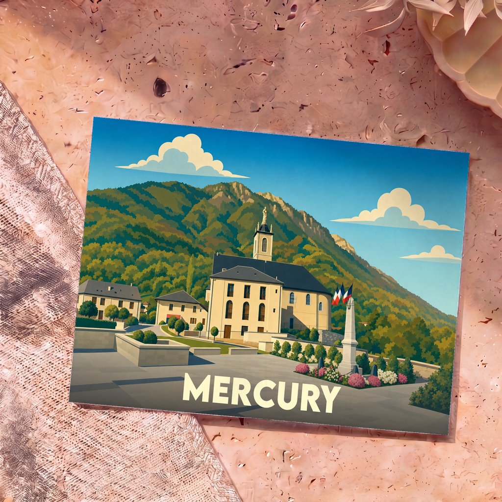 Carte postale souvenir de la commune de Mercury représentant une vue illustrée de son église face aux montagnes.