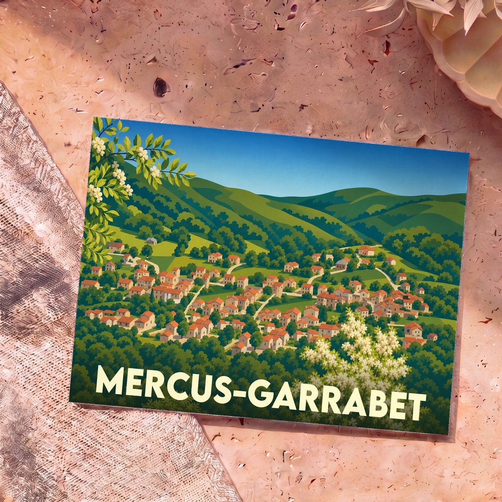 Carte postale souvenir de la ville de Mercus-Garrabet avec une illustration stylisée d'un village niché dans des collines verdoyantes.