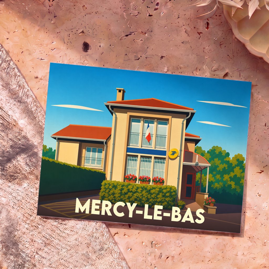 Carte postale souvenir de la ville de Mercy-le-Bas avec une illustration stylisée de sa poste.