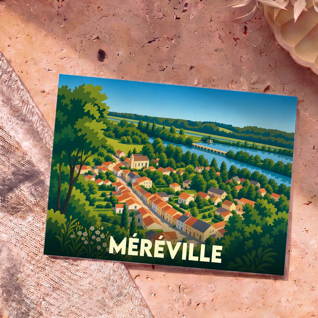 Carte postale souvenir de la ville de Méréville avec une illustration stylisée.