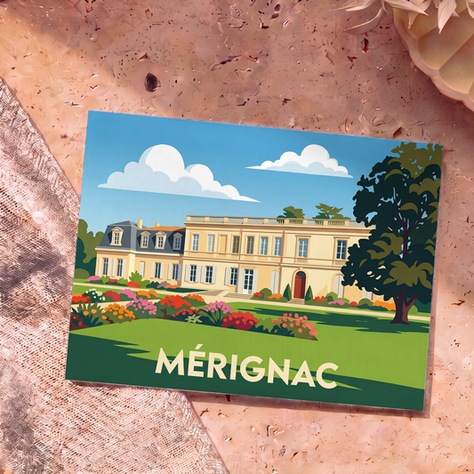 Carte postale souvenir de la ville de Mérignac avec une illustration stylisée de son château et de ses jardins.