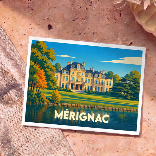 Carte postale souvenir de la ville de Mérignac illustrant un château majestueux au bord de l'eau.