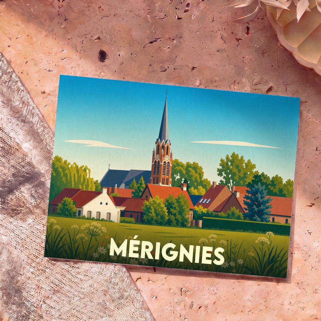 Carte postale souvenir de la ville de Mérignies avec une illustration stylisée montrant son église et ses maisons.
