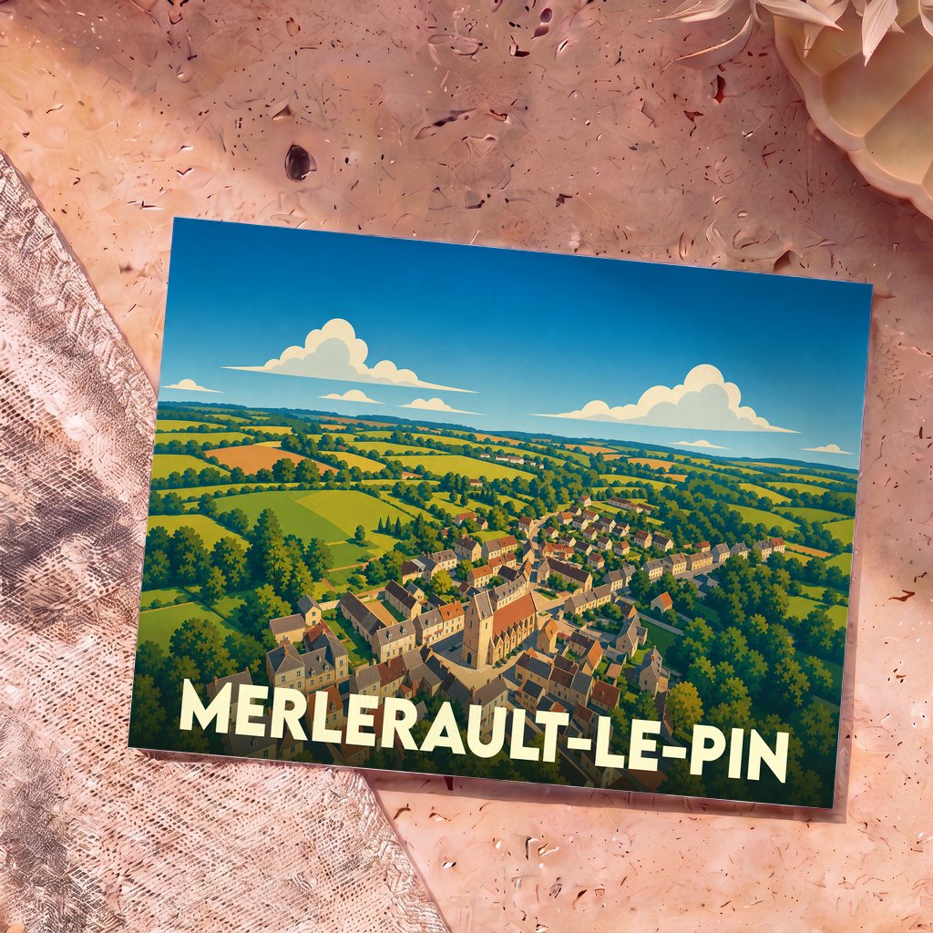 Carte postale souvenir de la ville de Merlerault-le-Pin avec une illustration stylisée d'un village niché dans une campagne verdoyante.