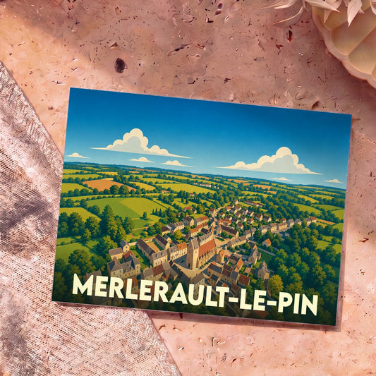 Carte postale souvenir de la ville de Merlerault-le-Pin avec une illustration stylisée d'un village niché dans une campagne verdoyante.